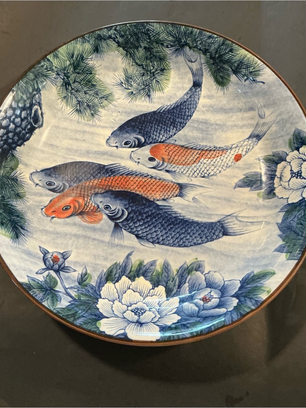 Vtg Japanese Koi Fish Pond Porcelain Serving Bowl/Plate 12" Hand Painted.